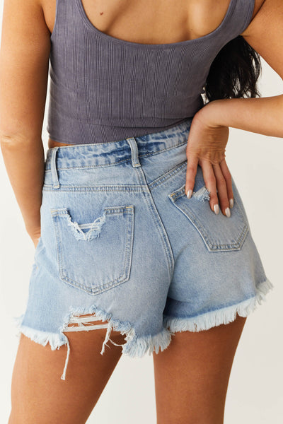 Light Wash Frayed Hem High Rise Denim Shorts