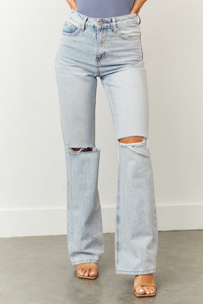Light Wash High Rise Distressed Knee Mom Jeans