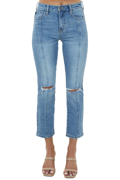 Light Wash High Rise Distressed Knee Straight Jeans