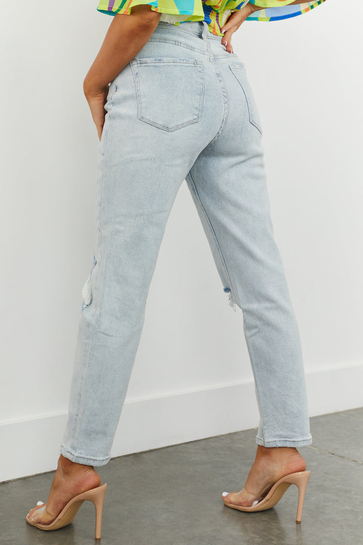 Light Wash High Rise Distressed Mom Jeans