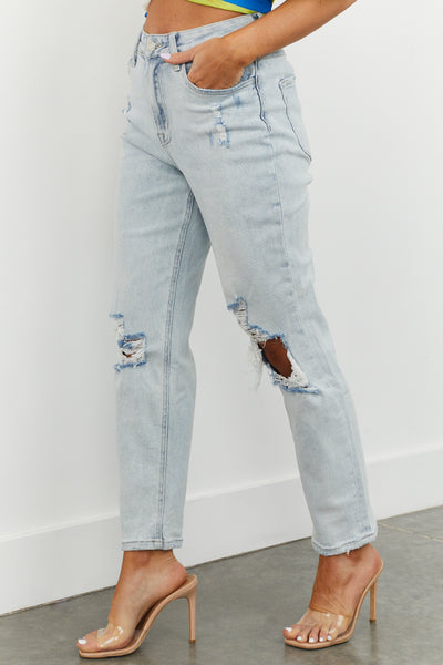 Light Wash High Rise Distressed Mom Jeans