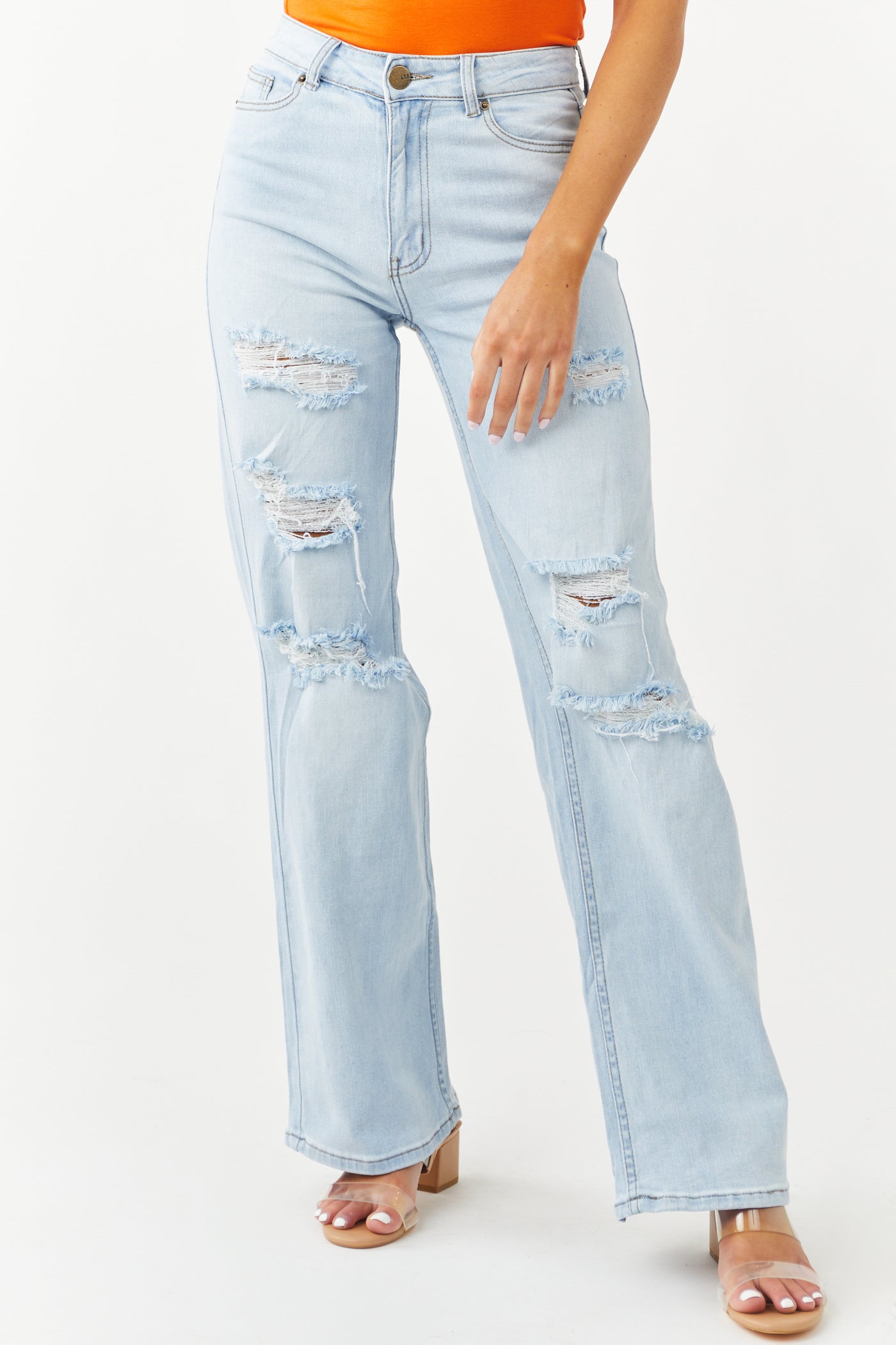 Light Wash High Rise Distressed Wide Leg Jeans