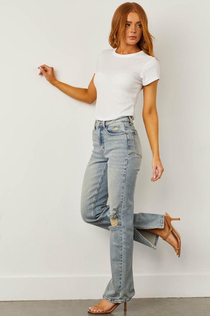 Light Wash High Rise Straight Jeans with Inseam Slit