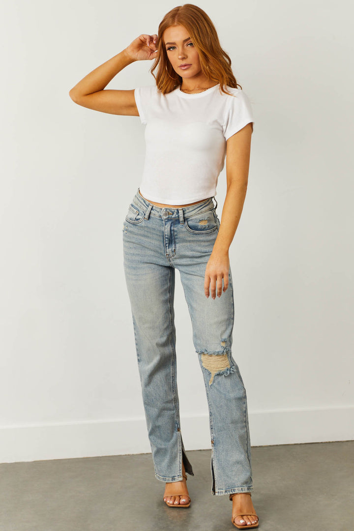 Light Wash High Rise Straight Jeans with Inseam Slit