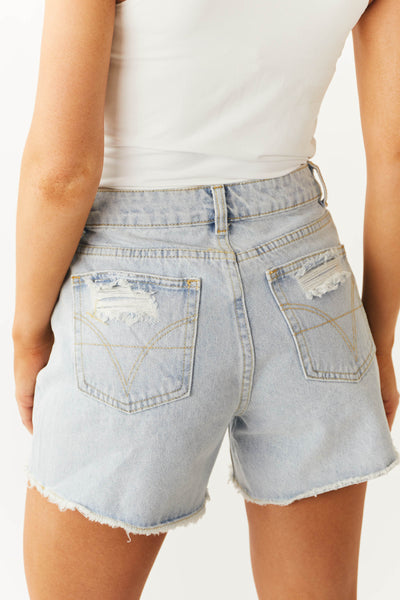Light Wash Jean Shorts with Floral Pocket Detail
