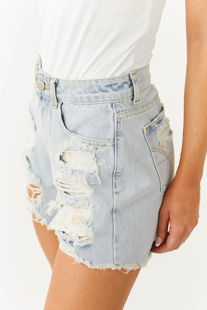 Light Wash Jean Shorts with Floral Pocket Detail