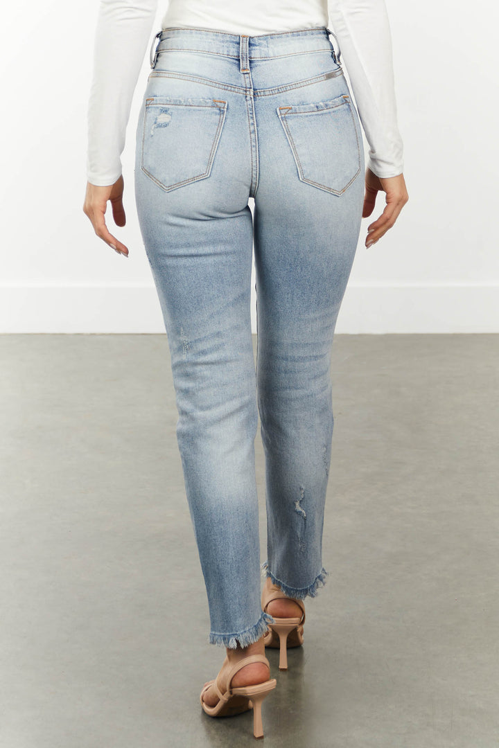 Light Wash Straight Leg Jeans with Frayed Hem
