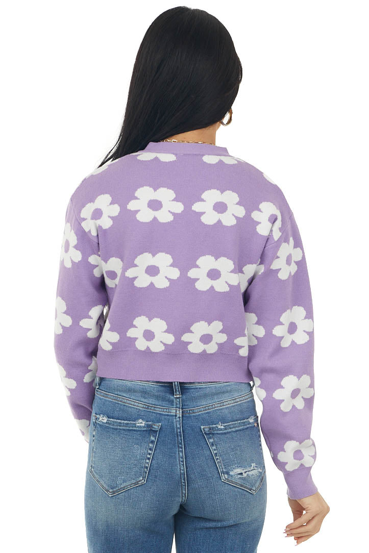 Lilac Daisy Button Front Cropped Knit Cardigan