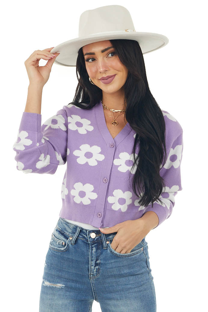 Lilac Daisy Button Front Cropped Knit Cardigan