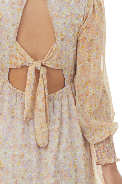 Lilac Floral Print Long Sleeve V Neck Short Dress
