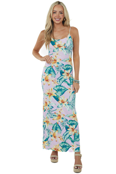 Lilac Tropical Print Sleeveless Knit Maxi Dress