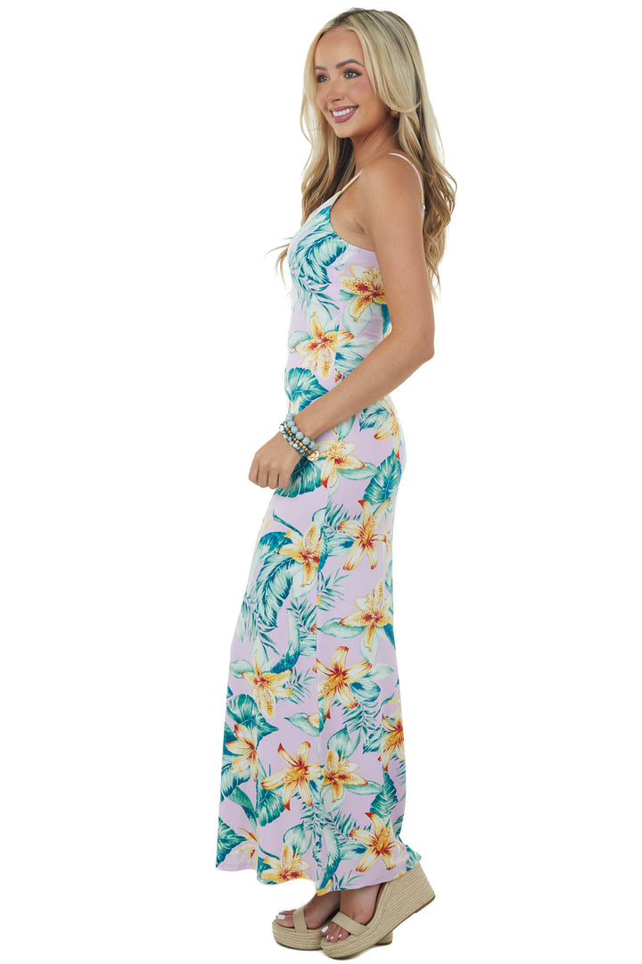 Lilac Tropical Print Sleeveless Knit Maxi Dress
