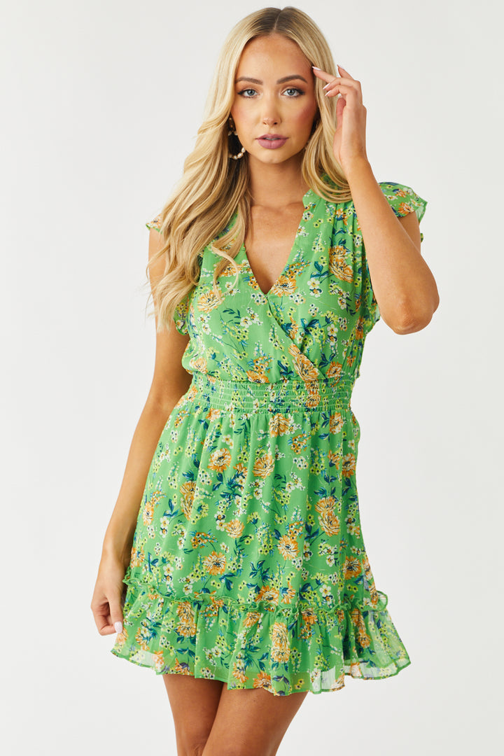 Lime Floral Surplice Smocked Waist Mini Dress & Lime Lush