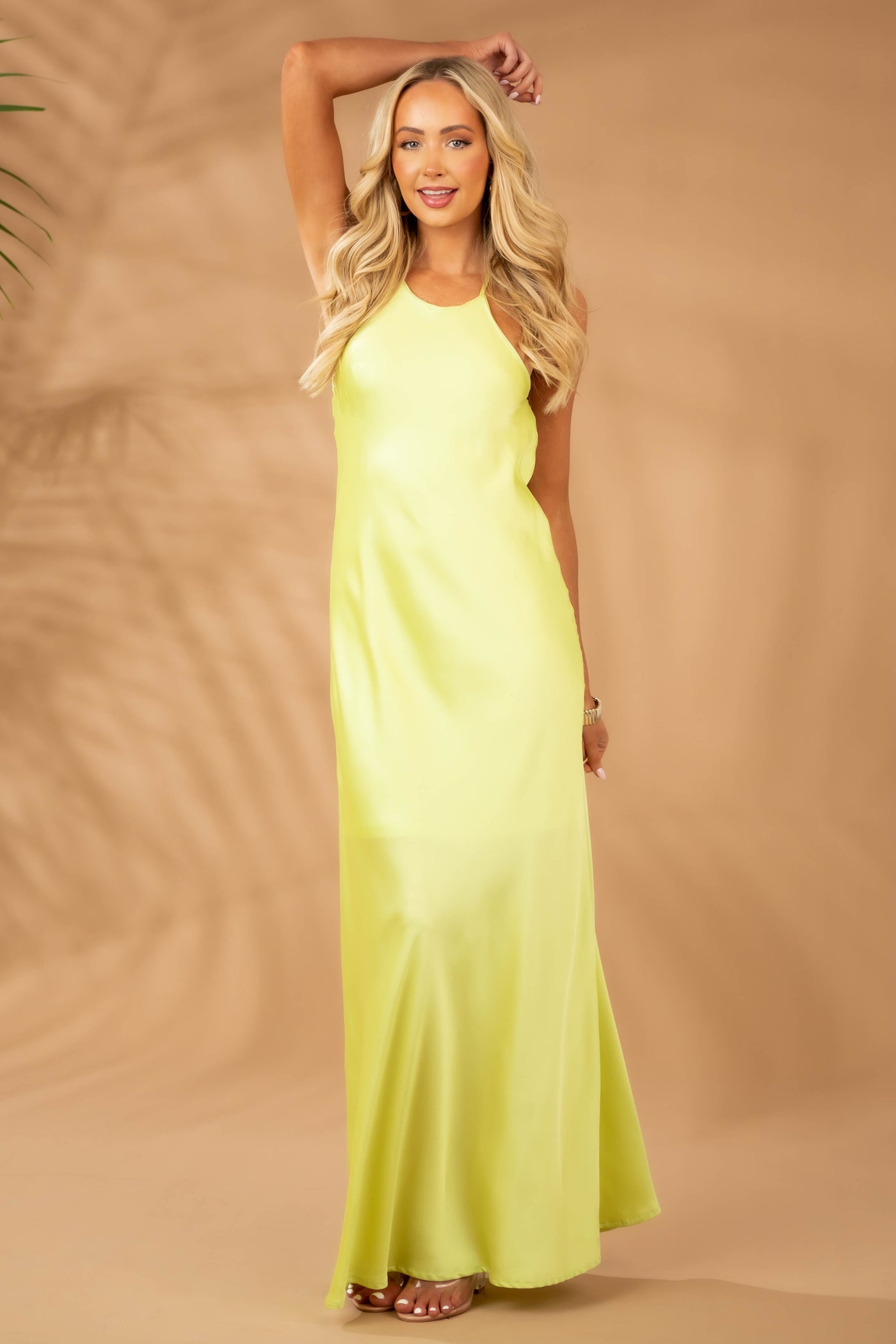 Lime Satin Halter Neckline Woven Maxi Dress