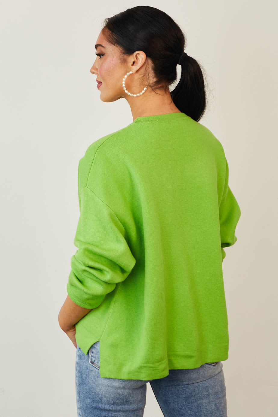 Lime Side Slit Drop Shoulder Thick Knit Sweater