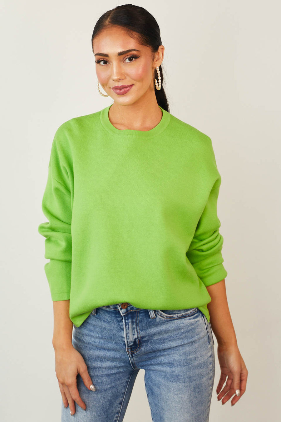 Lime Side Slit Drop Shoulder Thick Knit Sweater