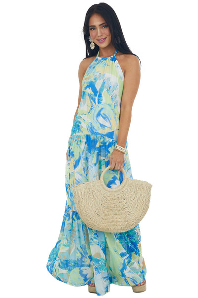 Lime and Royal Blue Abstract Print Maxi Dress