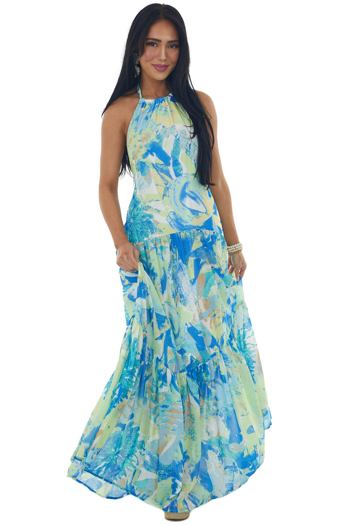 Lime and Royal Blue Abstract Print Maxi Dress