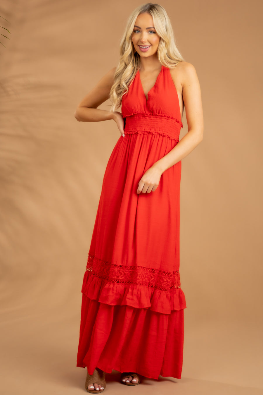 Lipstick Red Halter Neck Maxi Dress with Lace Detail