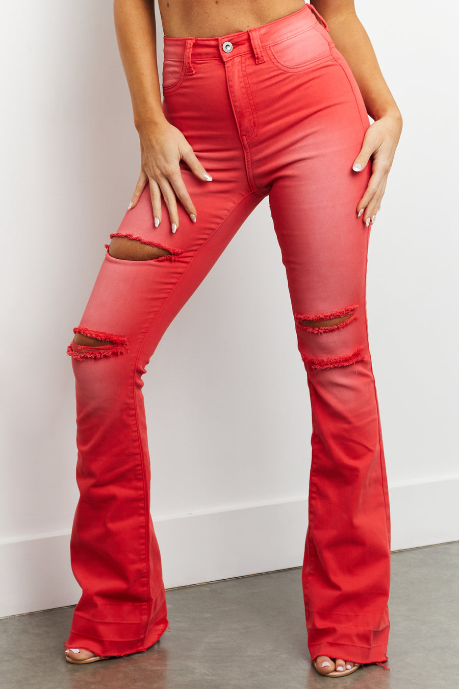 Lipstick Washed High Rise Distressed Flare Jeans