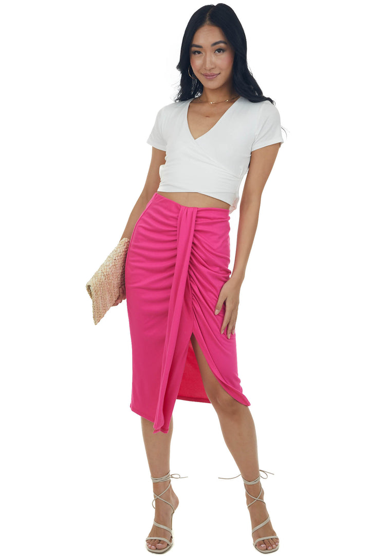Magenta Faux Wrap Solid Knit Elastic Midi Skirt