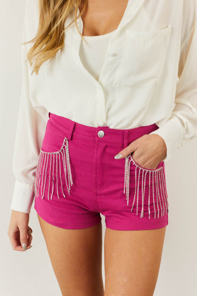 Magenta High Waisted Rhinestone Fringe Shorts