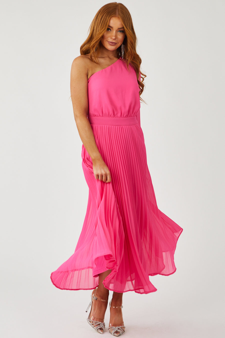 Magenta One Shoulder Pleated Woven Maxi Dress
