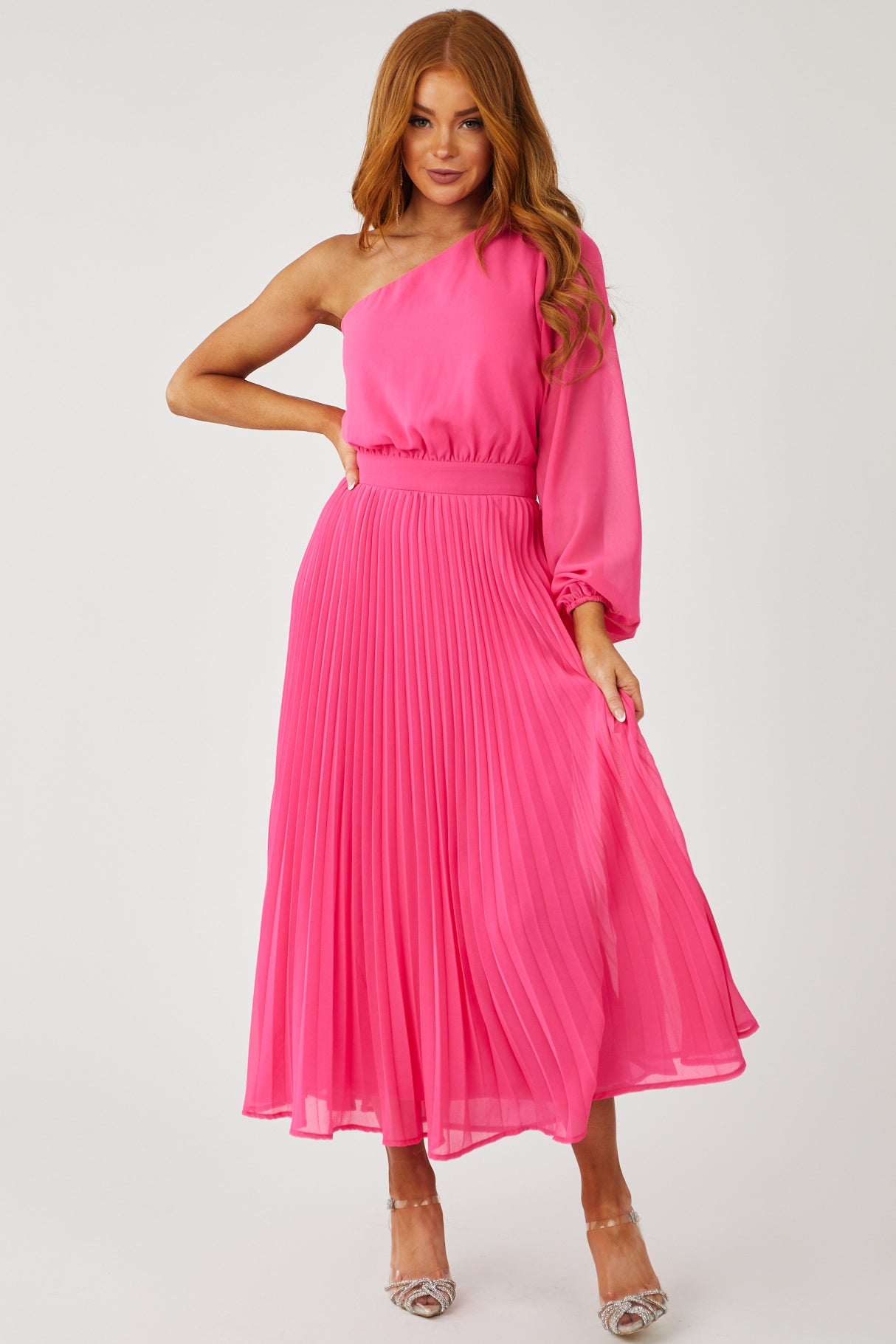 Magenta One Shoulder Pleated Woven Maxi Dress
