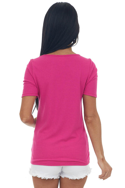 Magenta Ribbed Knit Top with Front Twist Detail