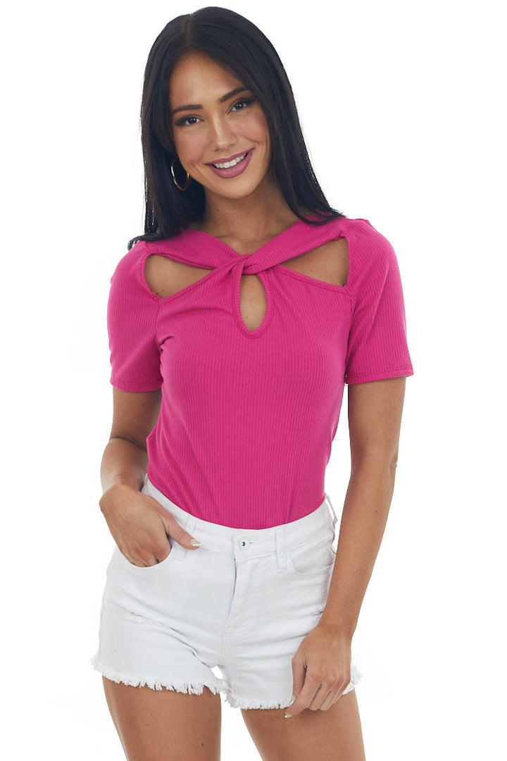 Magenta Ribbed Knit Top with Front Twist Detail
