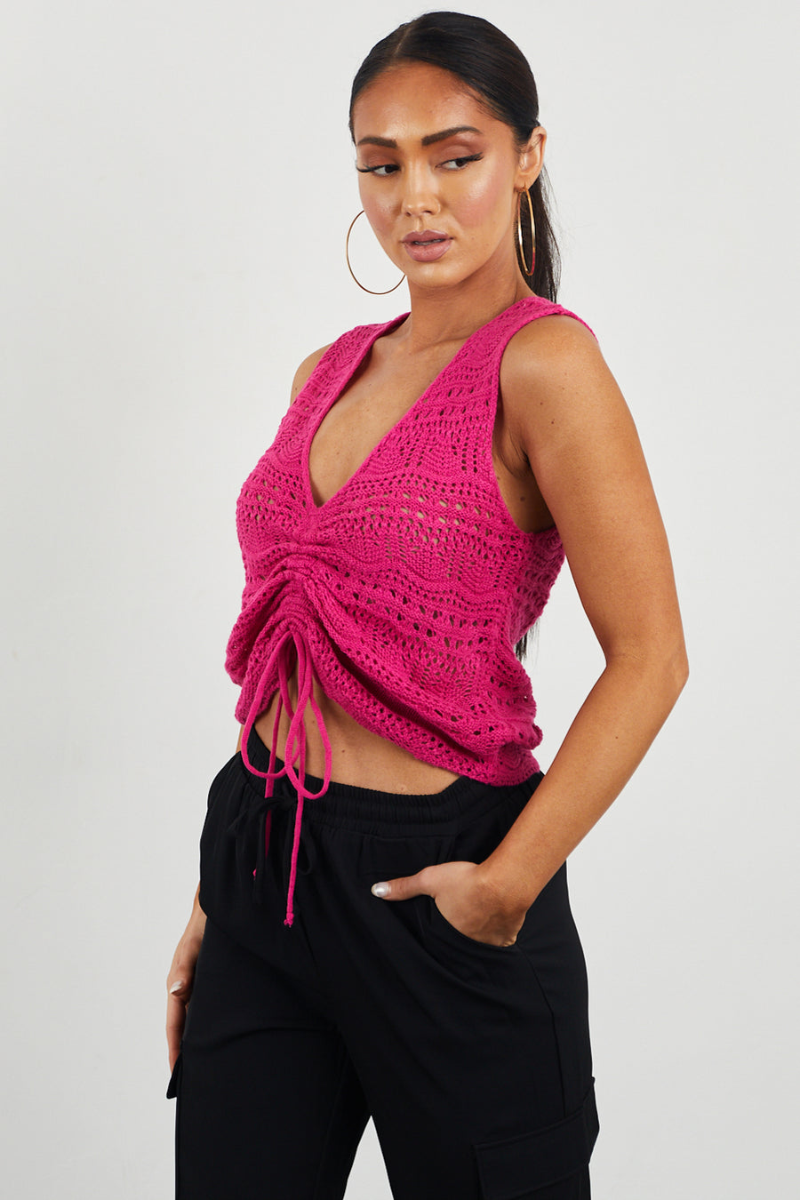 Magenta Ruched Front Crochet Tank Top