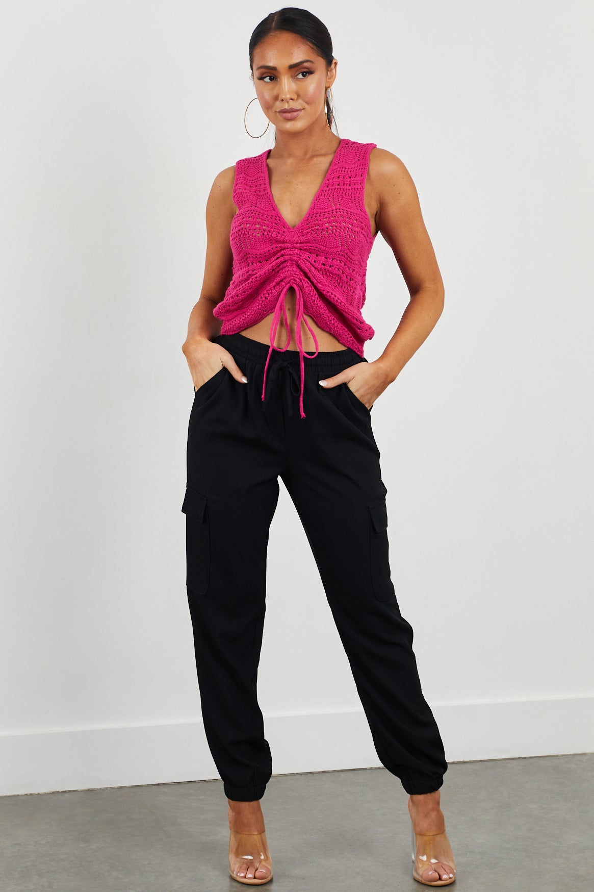Magenta Ruched Front Crochet Tank Top