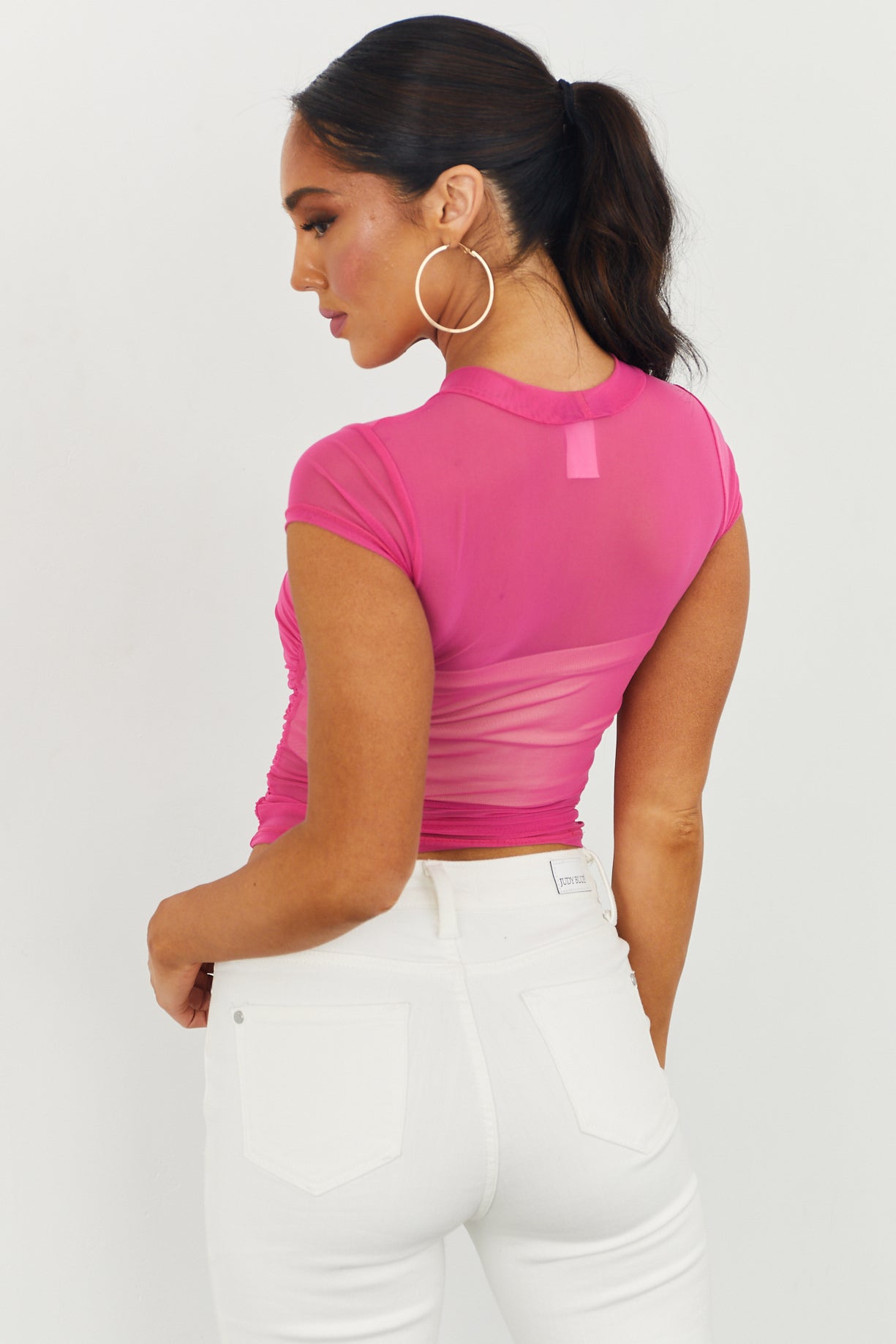 Magenta Ruched Side Sheer Mesh Fitted Top
