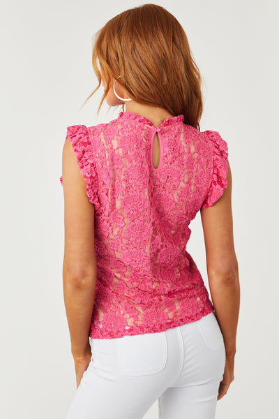 Magenta Ruffle Sleeve Floral Lace Blouse