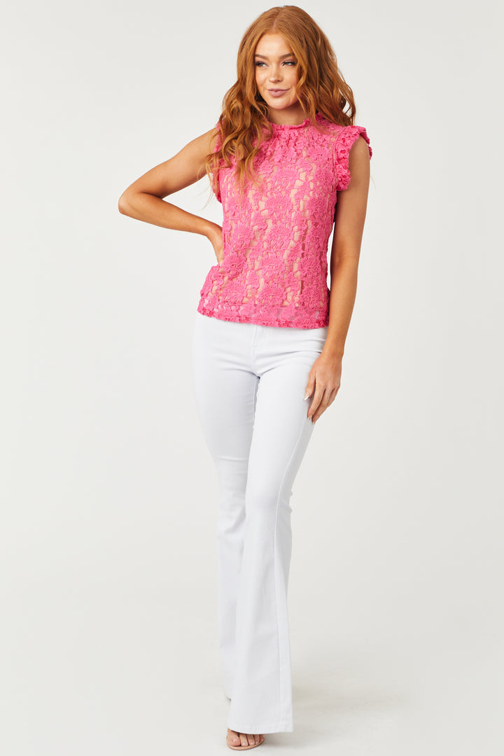 Magenta Ruffle Sleeve Floral Lace Blouse