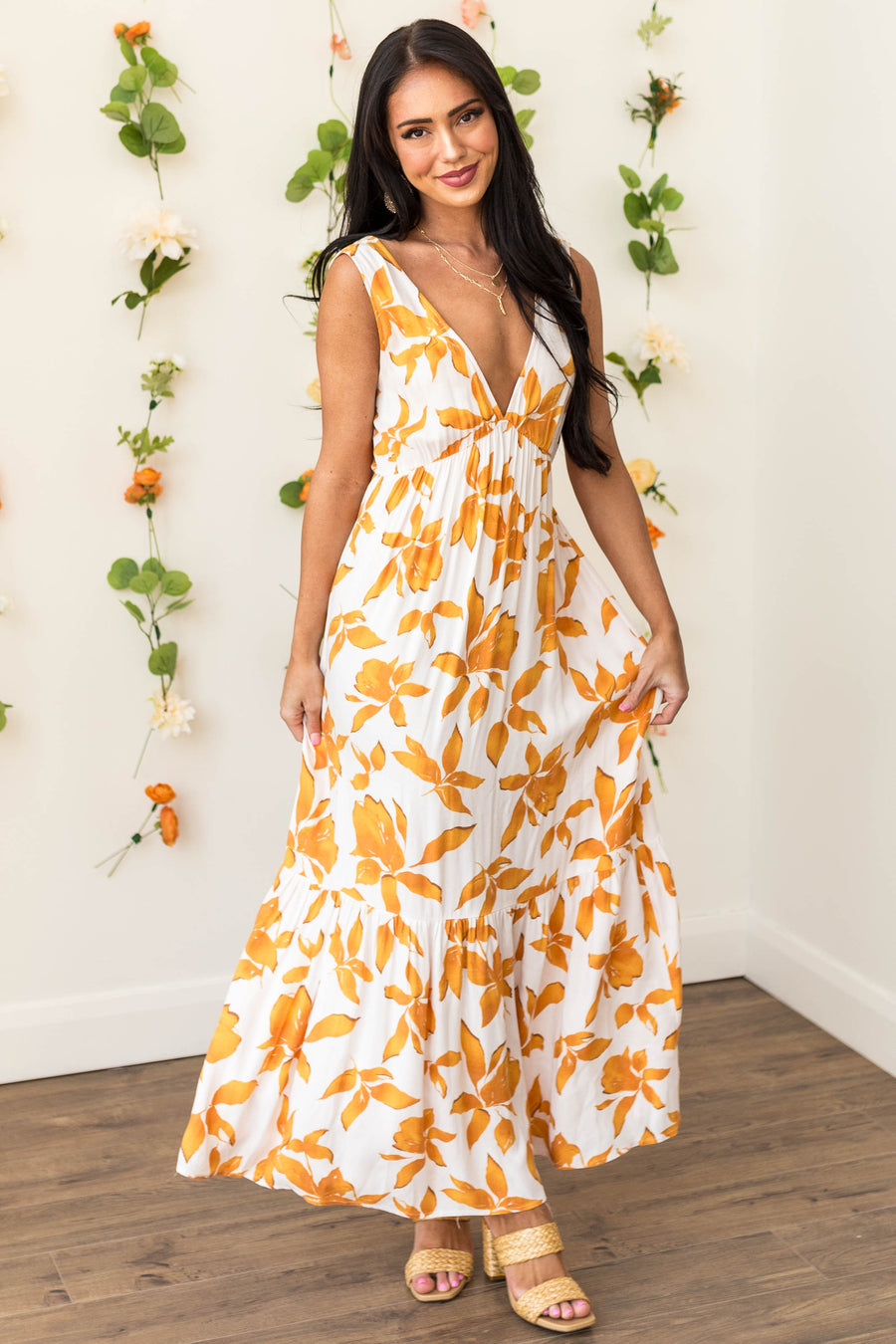 Mango Leaf Print Plunging V Maxi Dress