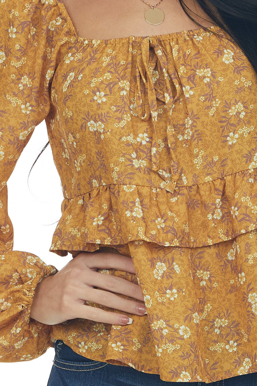 Marigold Floral Print Bubble Sleeve Blouse