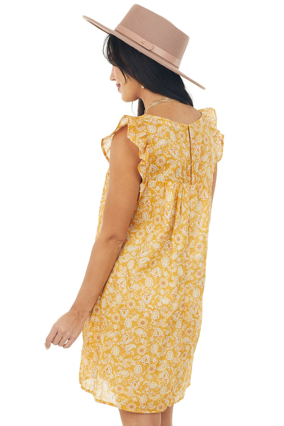 Marigold Paisley Print Short Ruffle Sleeve Dress