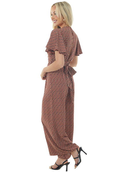 Maroon Abstract Print Flutter Sleeve Jumpsuit