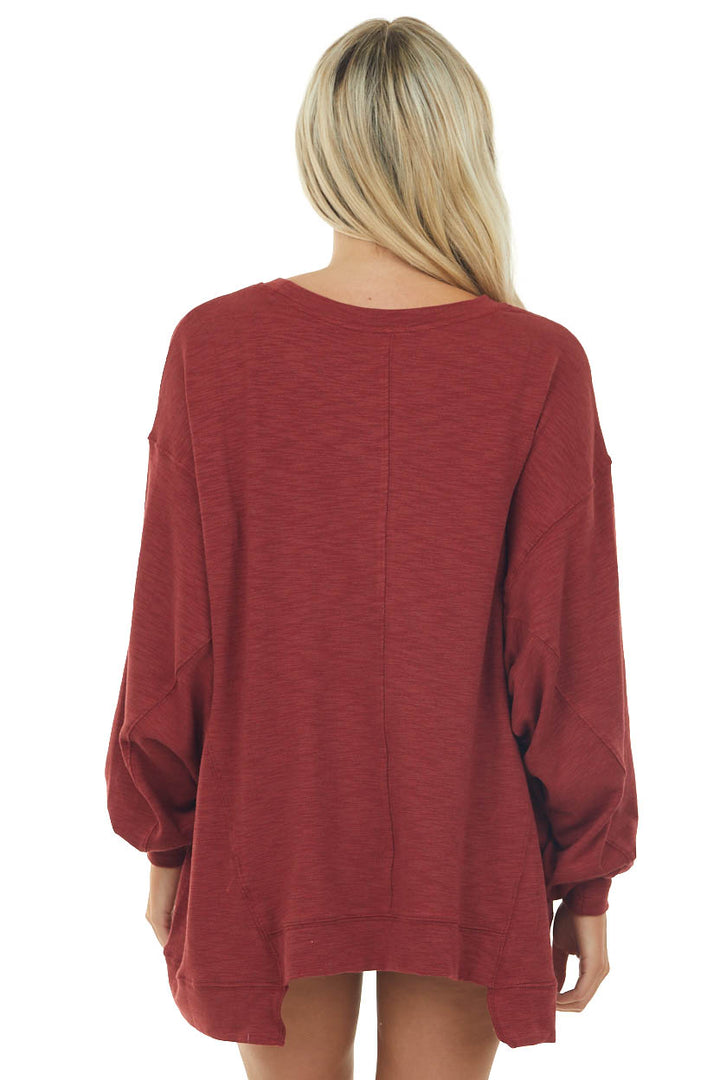 Maroon Oversized Knit Top with Long Sleeves