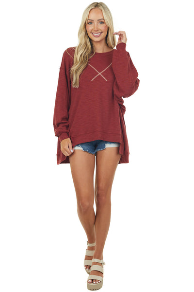 Maroon Oversized Knit Top with Long Sleeves