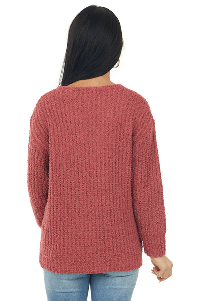 Marsala V Neck Cable Knit Detail Sweater