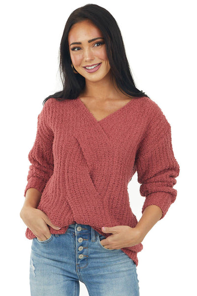 Marsala V Neck Cable Knit Detail Sweater