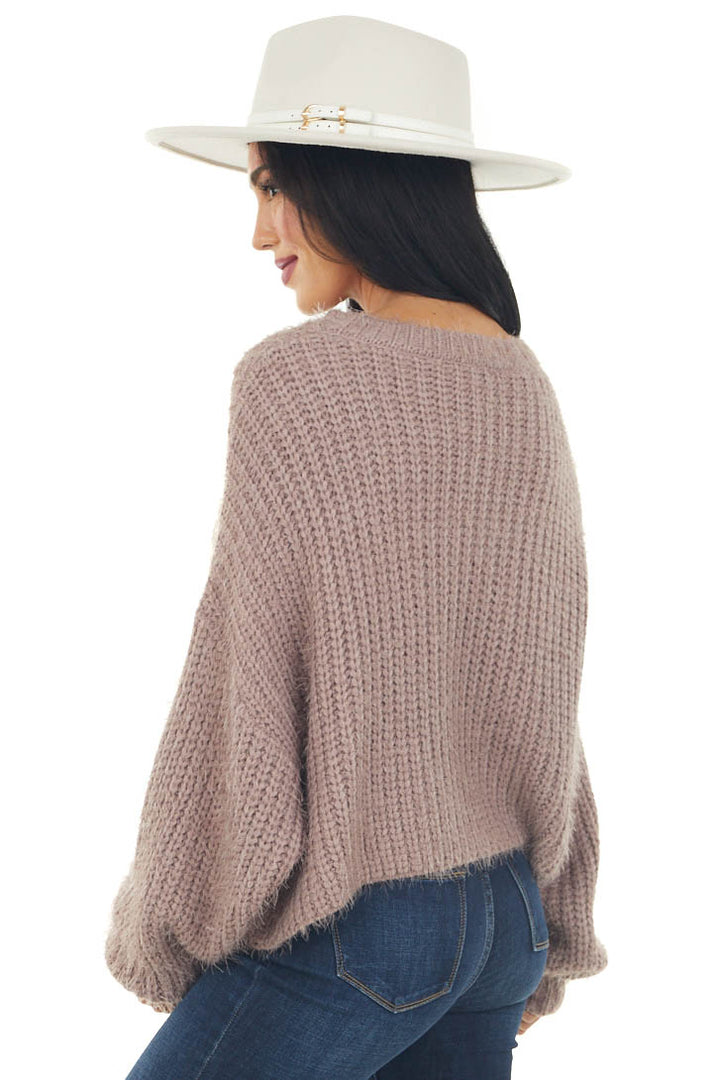 Mauve Long Sleeve Fuzzy Cable Knit Sweater