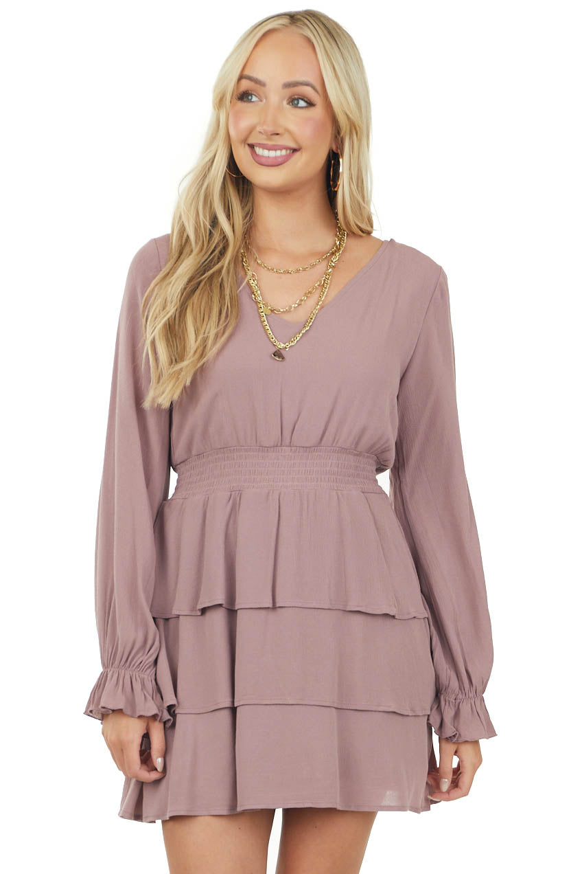 Mauve Long Sleeve Tiered Mini Dress with Open Back
