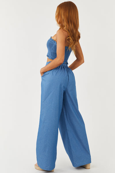 Medium Chambray Bandeau and Wide Leg Pants Set