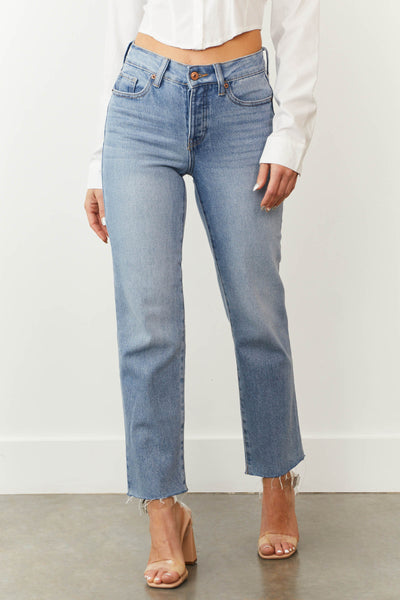 Medium Denim Wash Button Fly Straight Ankle Jeans