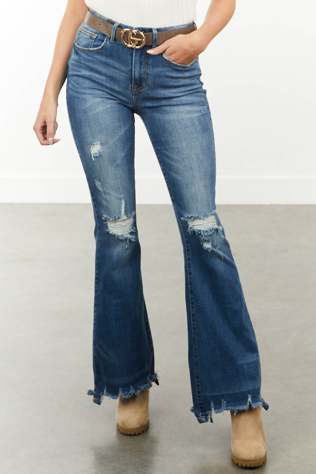 Special A Medium High Rise Flare Cut Distressed Jeans & Lime Lush