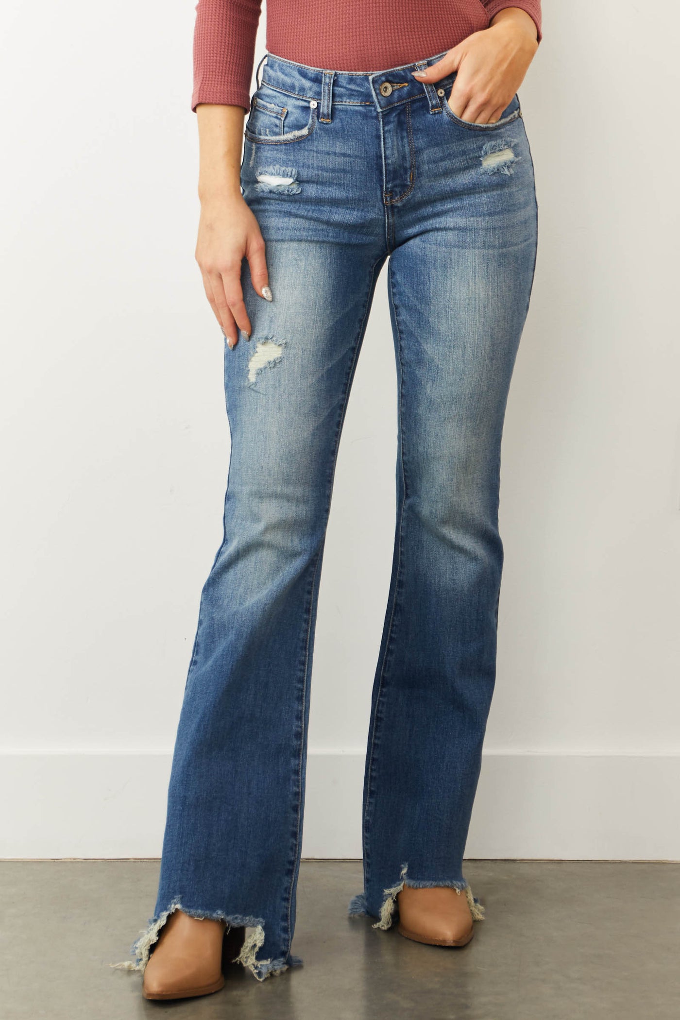 Special A Medium Mid Rise Distressed Flared Jeans | Lime Lush