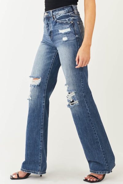 Medium Wash Distressed High Rise Wide Leg Jeans